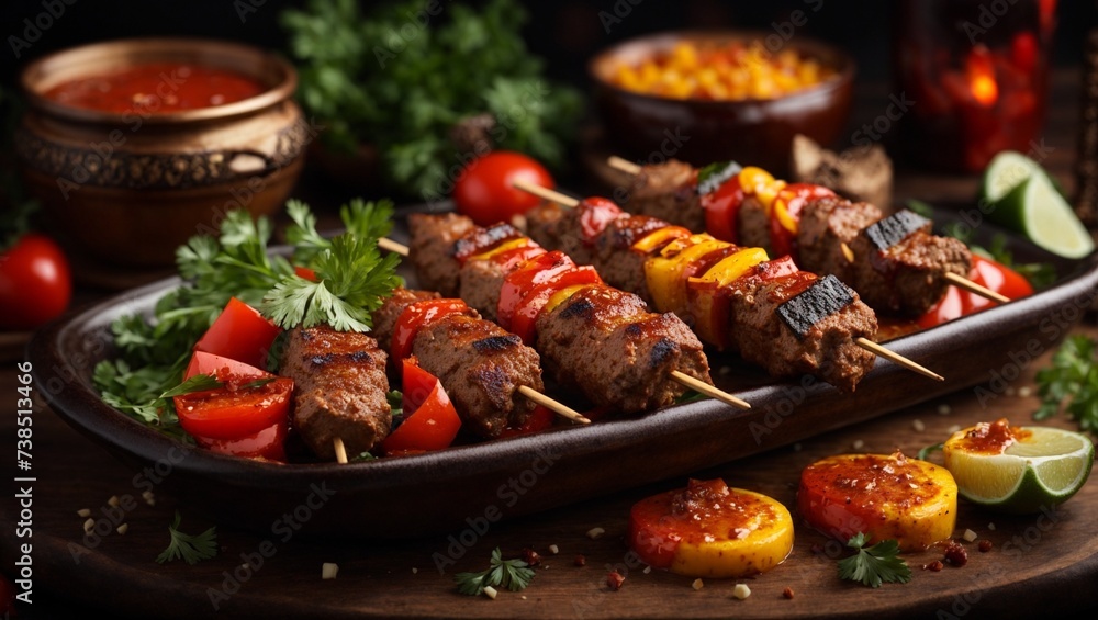 Shish kebab Mediterranean cuisine, meal of skewered and grilled cubes of meat, cinematic food photography 