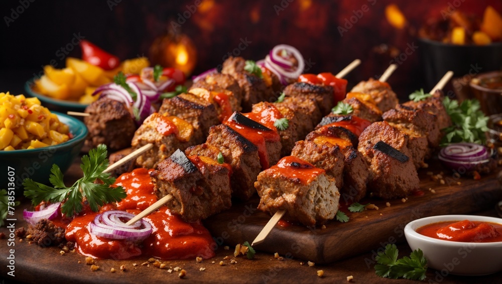 Shish kebab Mediterranean cuisine, meal of skewered and grilled cubes of meat, cinematic food photography 