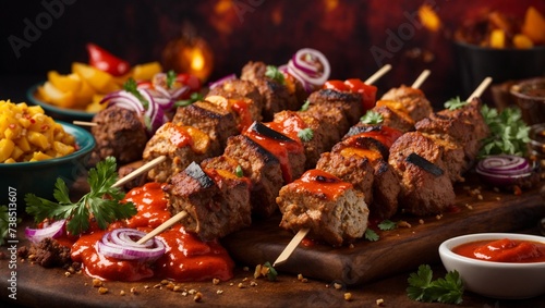 Shish kebab Mediterranean cuisine  meal of skewered and grilled cubes of meat  cinematic food photography 