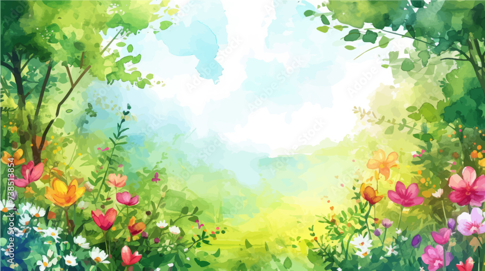Rural spring landscape with a river and green meadows. Vector watercolor illustration