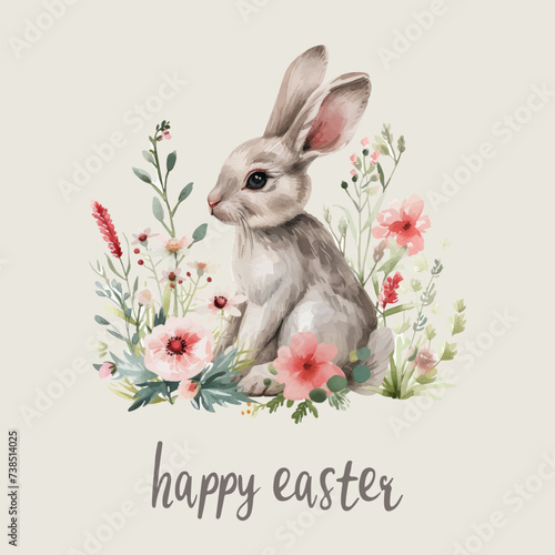 Easter basket with eggs and bunny decorated with flowers. Happy easter