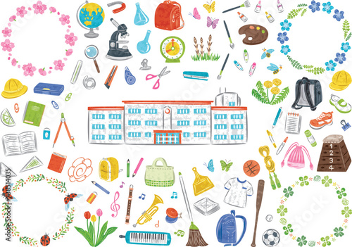 校舎　学校生活の文房具や道具　春の植物　イラストセット