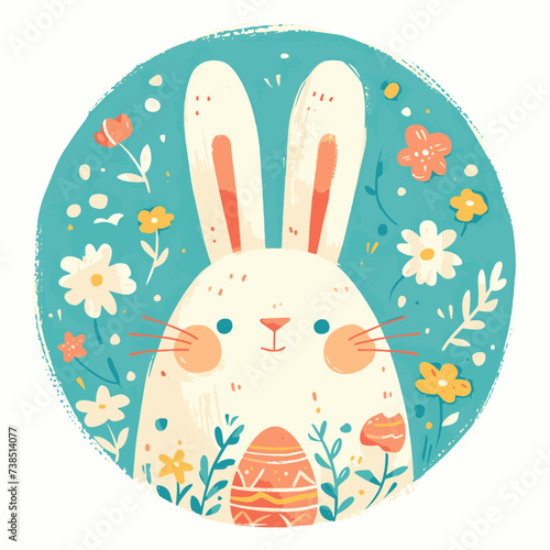 Easter basket with eggs and bunny decorated with flowers. Happy easter