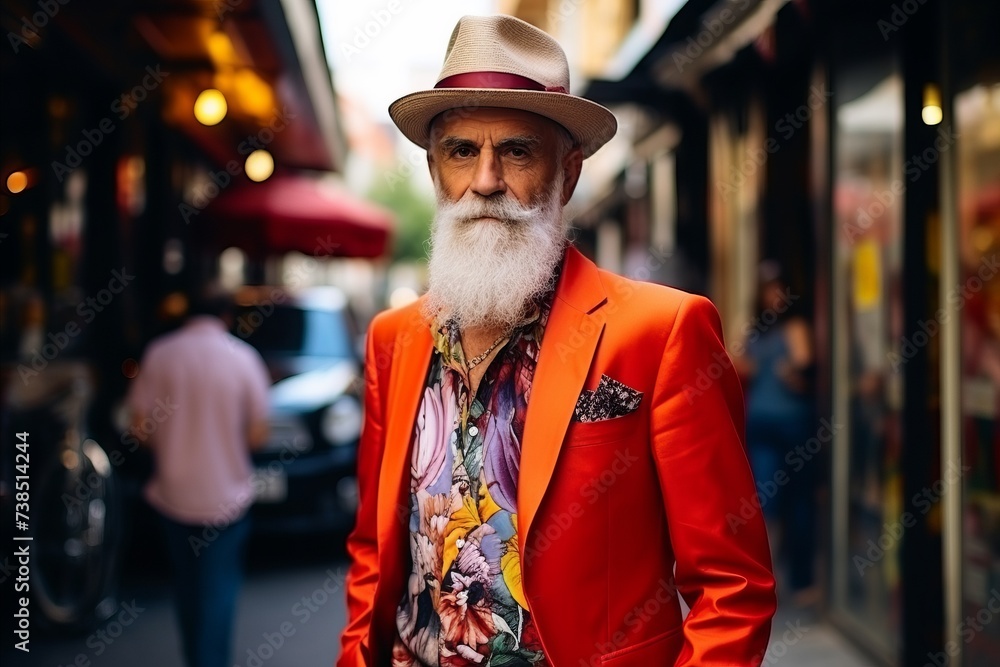 Portrait of an old man with a long beard and mustache in a red jacket on a city street Portrait of an old man with a long beard and mustache in a red jacket on a city street