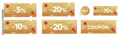 セールに使える金の和風な柄と赤い梅のクーポンベクターアイコンデザインセット2