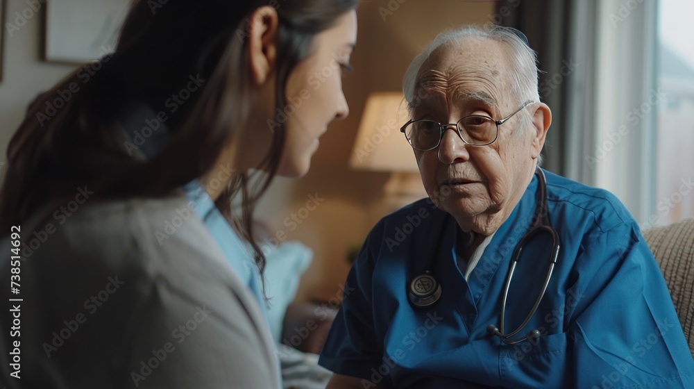 A social worker is sitting talking with an elderly man on the sofa and taking notes on his health progress in the living room. A social worker is sitting talking with an elderly man on the sofa and taking notes on his health progress in the living room.