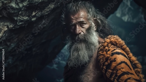 A forest man with a thick beard and tiger-print outfit in a mysterious fantasy cave.