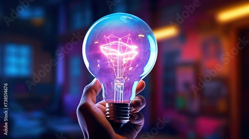 Hand holding a glowing light bulb on blurred background. 3D rendering
