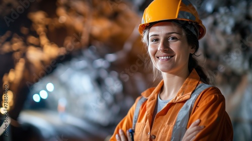 Female engineer standing smiling looking at camera in mining cave