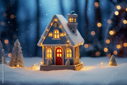Miniature Christmas Blue House Bokeh Background
