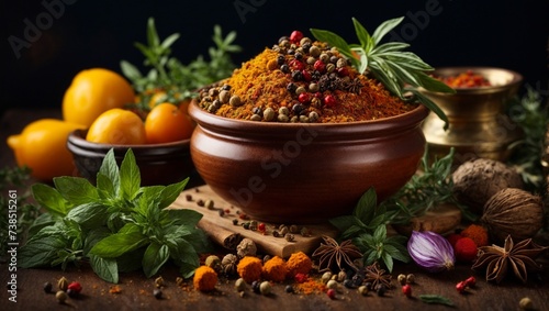 Food ingredients  seasoning herbs and spices in studio background  cinematic food photography