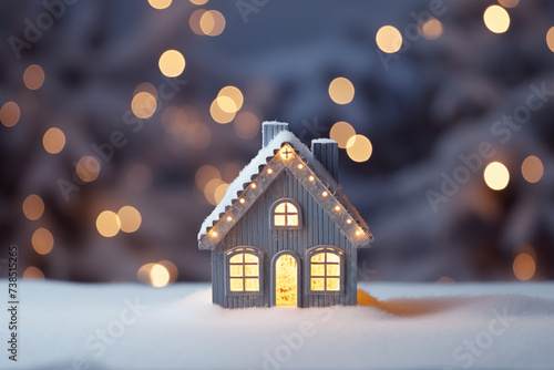 Miniature Christmas Blue House Bokeh Background