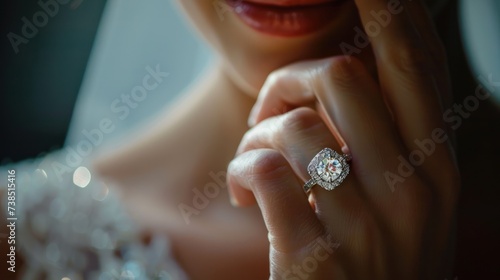Young bride wearing a beautiful engagement ring close-up