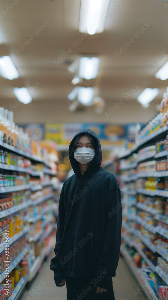 Environmental portrait of a young individual in a hoodie and face mask shopping in a grocery store aisle during pandemic precautions
