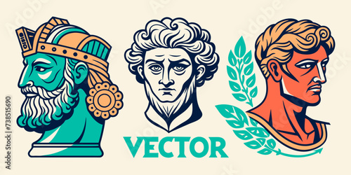 Vector set of logo with antique sculptures. Vector illustration with classical Sculpture for card poster T-Shirt or printing. Contemporary hand drawn mythical collection in line design style. Vector