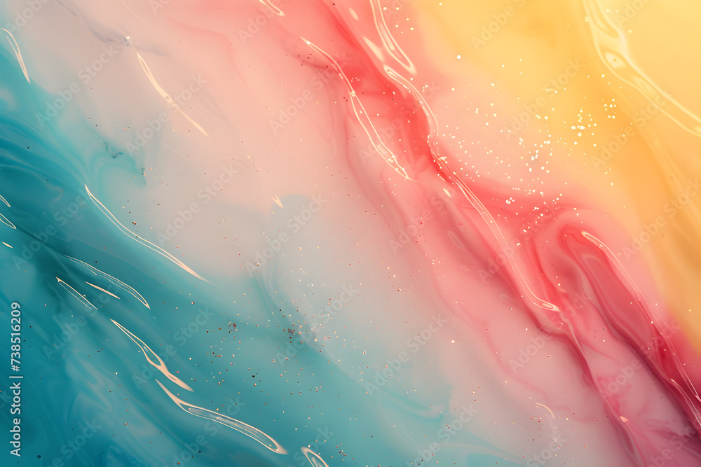 Fototapeta premium Futuristic Organic Pastel Ombre - Blue, Pink, and Yellow Over Marble with Emerald and Crimson Flow, Aerial View Abstract with Glitter and Diamond Dust