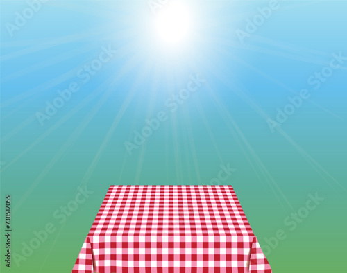 Empty picnic table with tablecloth outside, vector