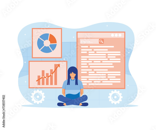 Seo analysis concept. Woman analyst studies data and optimizes site for popular search queries.  flat vector modern illustration 