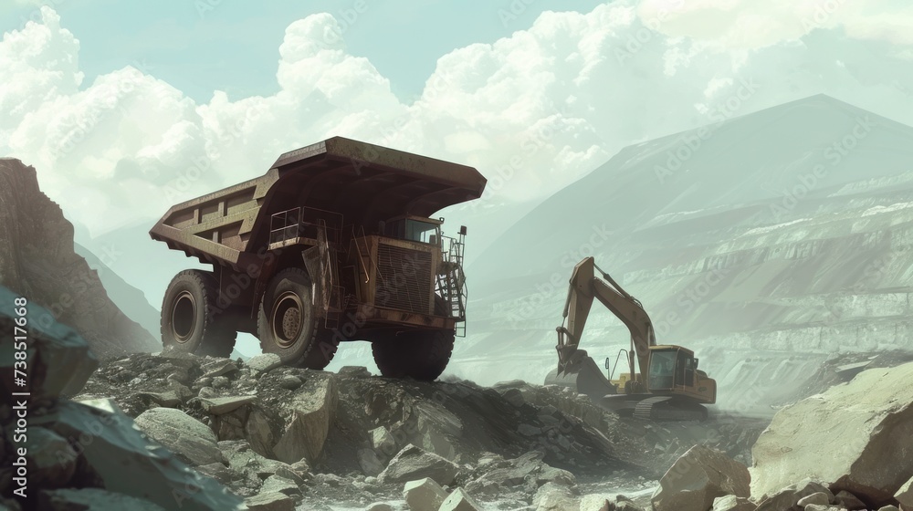 A large excavator loads rock formations into the back of a large dump truck. open pit coal mining - obrazy, fototapety, plakaty 