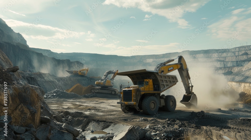 A large excavator loads rock formations into the back of a large dump truck. open pit coal mining - obrazy, fototapety, plakaty 