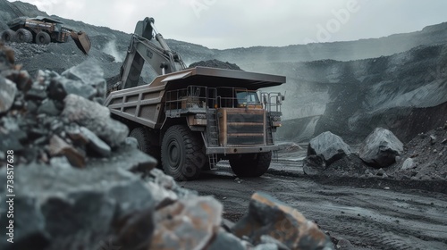 A large excavator loads rock formations into the back of a large dump truck. open pit coal mining photo