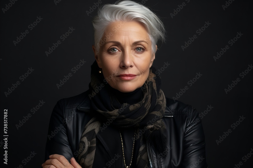 Portrait of a beautiful senior woman in a black leather jacket and scarf Portrait of a beautiful senior woman in a black leather jacket and scarf