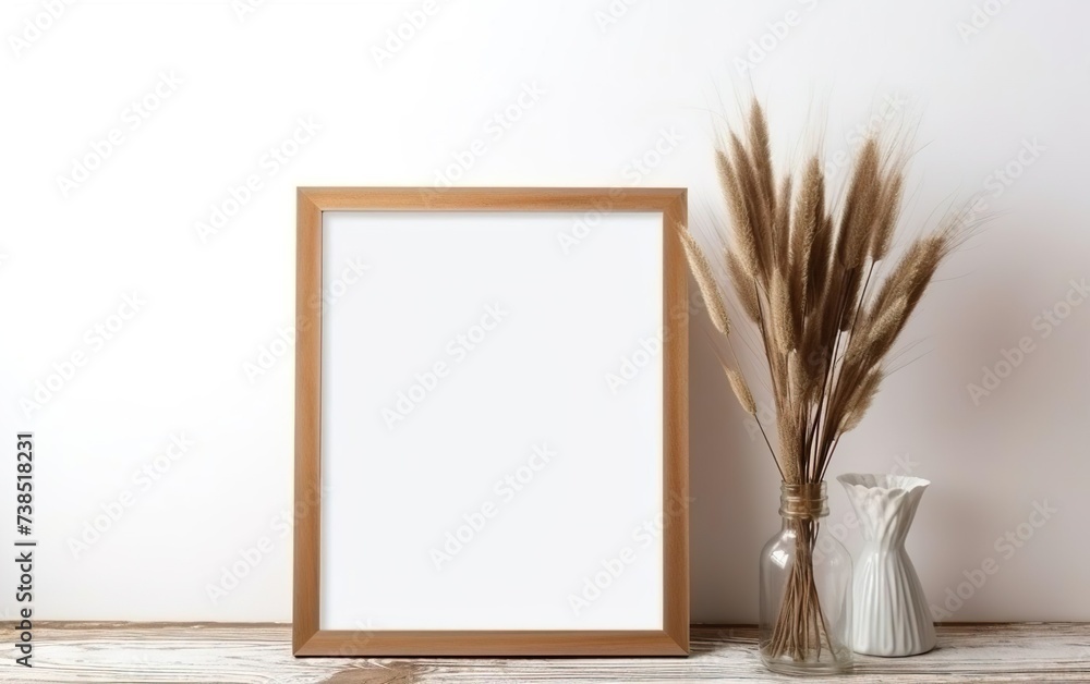 Minimalistic design. Mock up poster frame, vase with dry pampas grass in vase on wooden shelf and white wall background. Natural concept. Clay, glass, paper and wood. AI Generative. Minimalistic design. Mock up poster frame, vase with dry pampas grass in vase on wooden shelf and white wall background. Natural concept. Clay, glass, paper and wood. AI Generative.