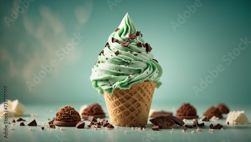 Italian mint chocolate chip ice cream gelato scoops, cinematic food dessert photography, studio background