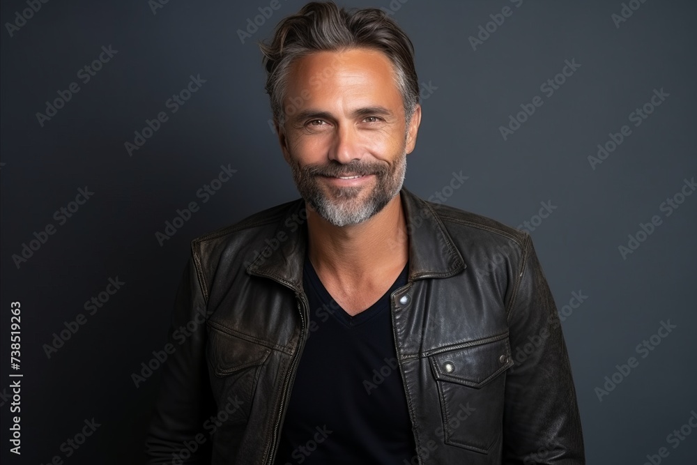 Portrait of a handsome mature man in a leather jacket against a grey background