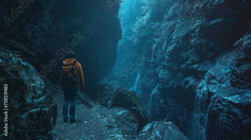 Tourist standing with backpack Standing and looking into a dark, mysterious fantasy cave