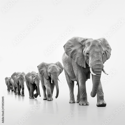 Group of elephants isolated on white