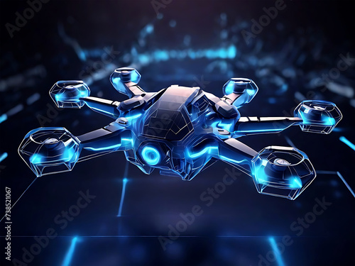 Futuristic Drone Technology Abstract. Digital wireframe of drones flying, blue neon glow. olygonal low poly background. Generative AI photo