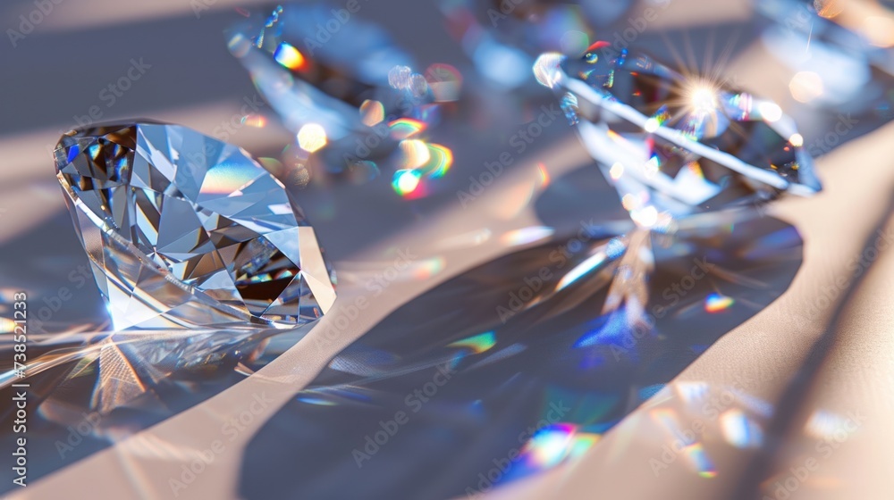 diamonds of different cuts and sizes on a light background with shadows - obrazy, fototapety, plakaty 