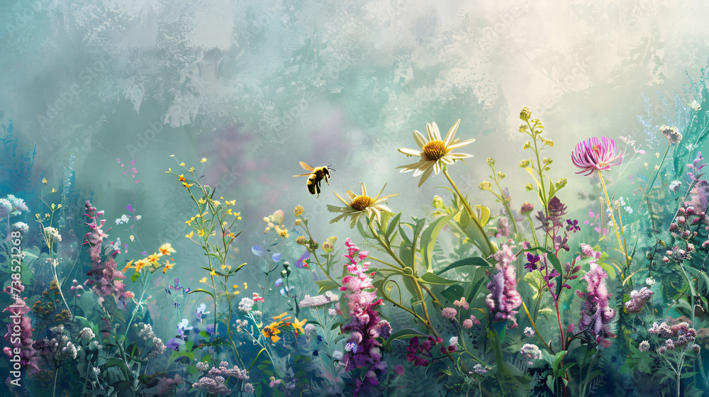 Bees pollinate flowers in the morning fog. - obrazy, fototapety, plakaty 