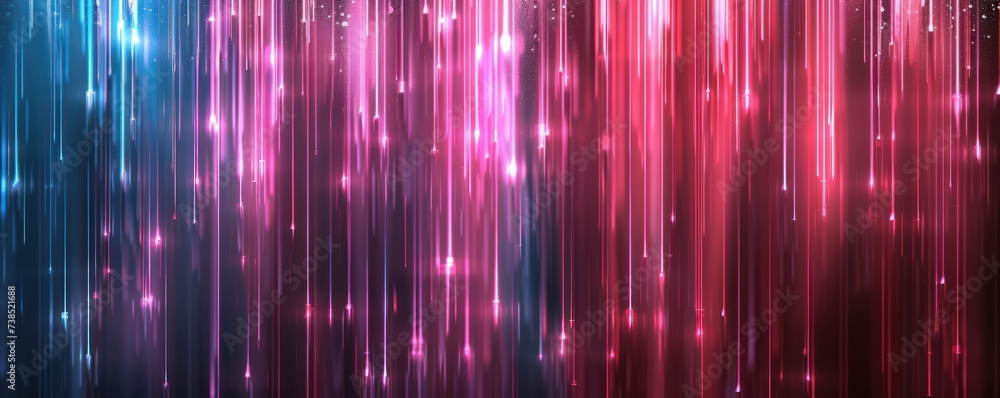 An abstract background showcases vibrant pink and blue glowing neon lines alongside bokeh lights, evoking a sense of data transfer and serving as a digital wallpaper.