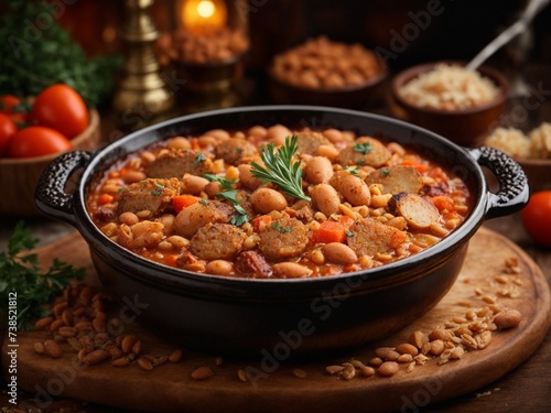French Cassoulet, hearty slow-simmered stew of sausage, confit (typically duck), pork, and white beans photo