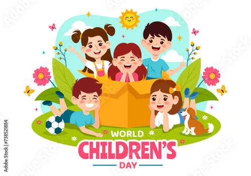 Happy Children's Day Vector Illustration with Kids Togetherness in Children Celebration Cartoon Bright Sky Blue Background and Green Field Design © denayune