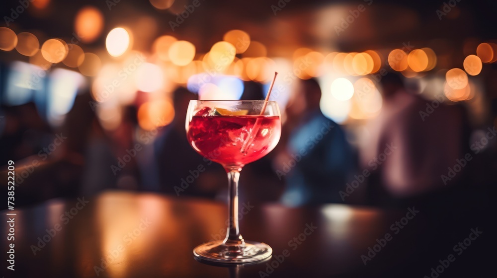 Detailed shot capturing a cocktail in a bustling bar scene, with the background people intentionally blurred to highlight the clarity of the drink and glass.