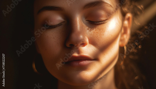 A beautiful young woman closes her eyes generated by AI