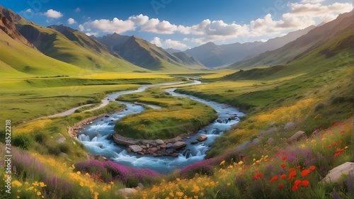 A winding river cutting through a lush valley carpeted with wildflowers