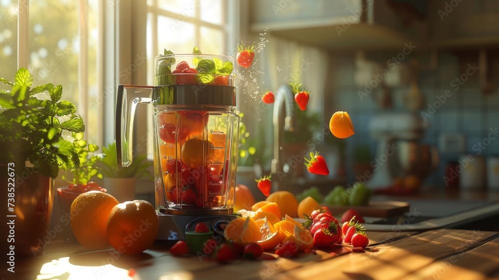 Fruits flying into blender on a sunny kitchen counter Fruits flying into blender on a sunny kitchen counter