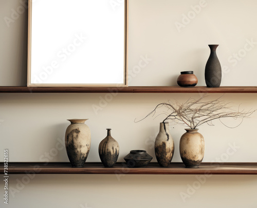 A collection of vases placed on top of a wooden shelf. The vases vary in size and shape, creating a visually interesting display. The wooden shelf adds warmth and texture to the arrangement