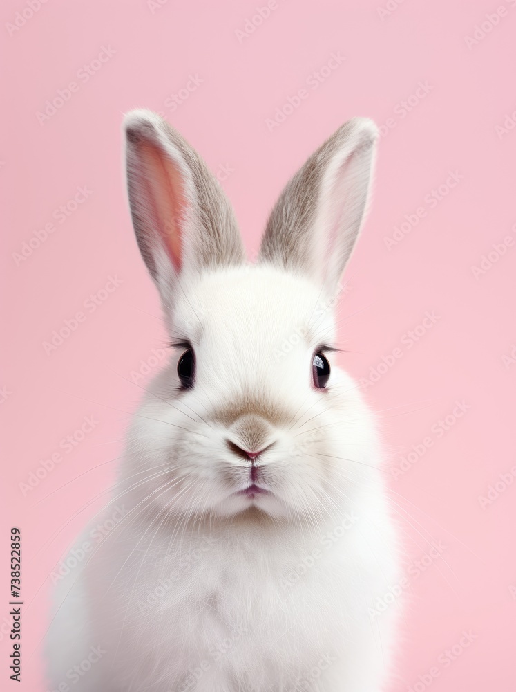 Obraz premium A white rabbit is sitting on top of a bright pink background, looking curiously at the camera. The fluffy fur of the rabbit contrasts beautifully with the vibrant pink color