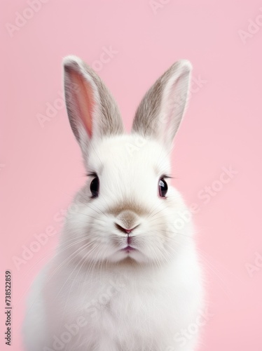 A white rabbit is sitting on top of a bright pink background, looking curiously at the camera. The fluffy fur of the rabbit contrasts beautifully with the vibrant pink color