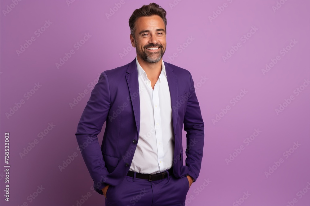 Portrait of a confident young man standing against purple background. Business concept Portrait of a confident young man standing against purple background. Business concept