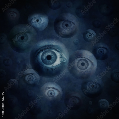 Surreal montage of eyes floating against a dark background.