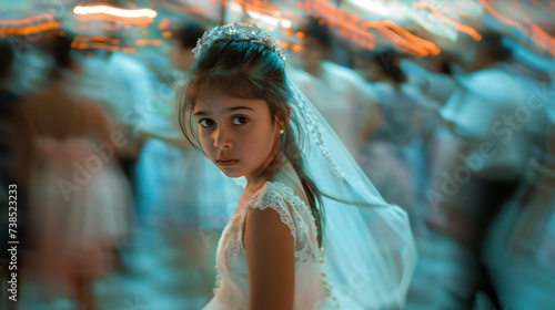 Amidst the joyous wedding hall atmosphere, a young girl in wedding attire walks with a heavy heart, her eyes fixed on the camera.