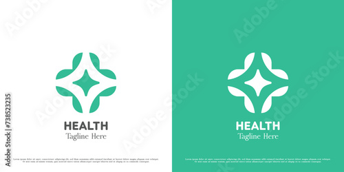 Plus health logo design illustration. Cross form medical medicine hospital clinic doctor nurse pharmacy. Simple icon symbol modern minimal modern abstract geometric green leaf emergency help support.