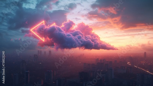 Luminous clouds forming digital arrows, soaring above a city skyline at dusk
