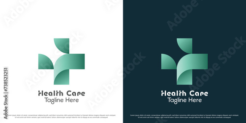 Plus health logo design illustration. Cross shape plus health medical fitness doctor sick patient nurse hospital clinic medicine. Science green geometric abstract simple gradient modern icon.